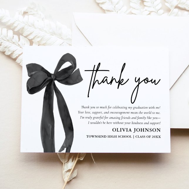 Chic Black Bow  Coquette Graduation Thank You Card (Chic Black Bow Coquette Graduation Thank You Card)