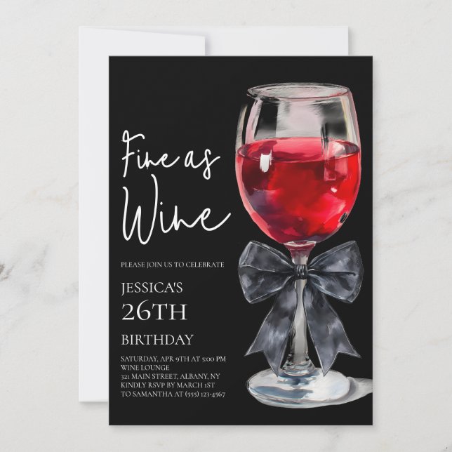 Chic Black Bow Fine as Wine 26th Birthday Party Invitation (Front)