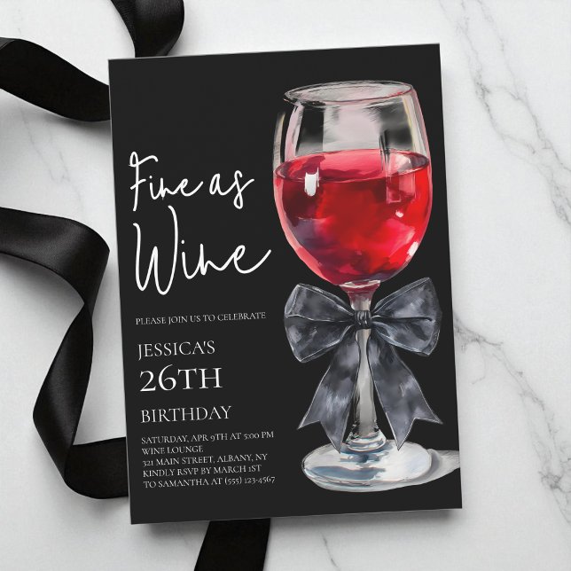 Chic Black Bow Fine as Wine 26th Birthday Party Invitation (Chic Black Bow Fine as Wine 26th Birthday Party Invitation)