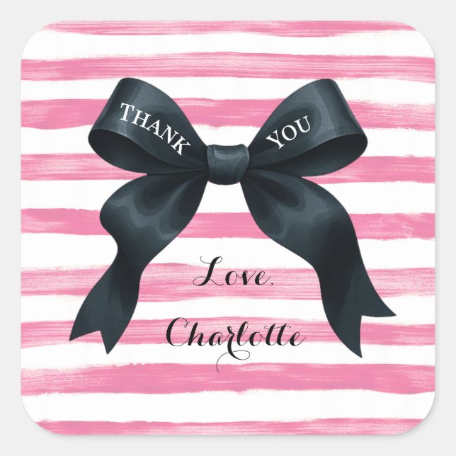 Chic Black Bow Pink White Stripe Square Sticker (Front)
