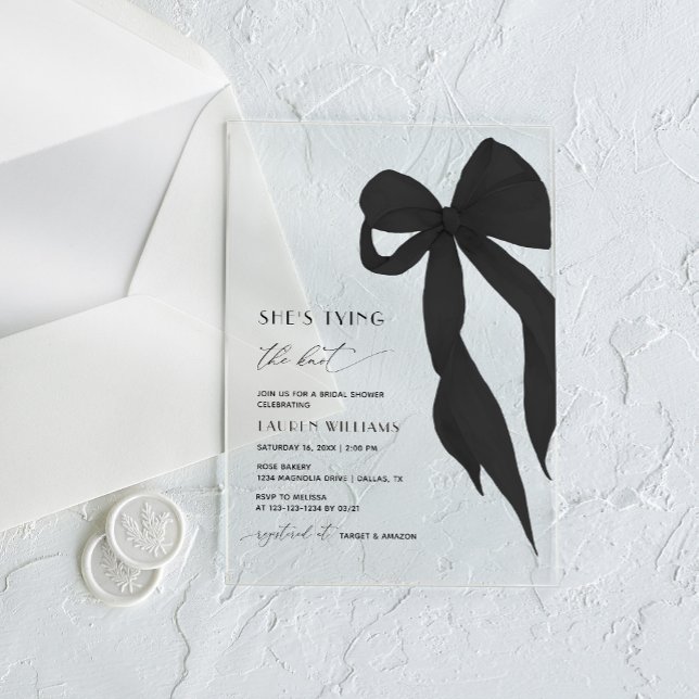 Chic Black Bow She's Tying the Knot Bridal Shower Acrylic Invitations (Creator Uploaded)