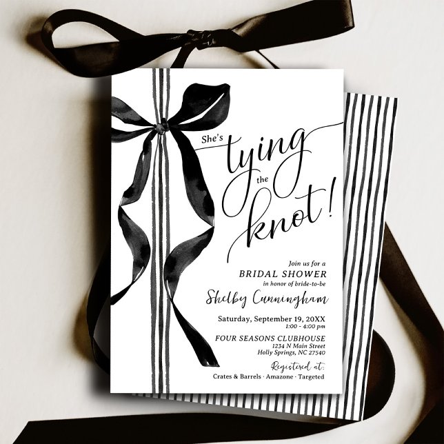 Chic Black Bow She's Tying The Knot Bridal Shower Invitation (Chic classy modern watercolor black bow and white striped ribbon She's Tying the Knot Bridal Shower)