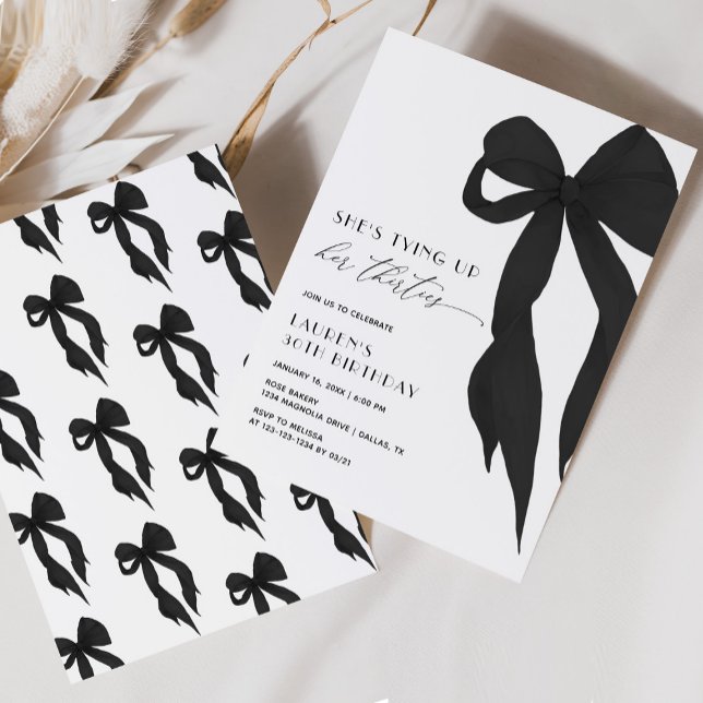 Chic Black Bow Tying Up Her Thirties 40th Birthday Invitation (Creator Uploaded)