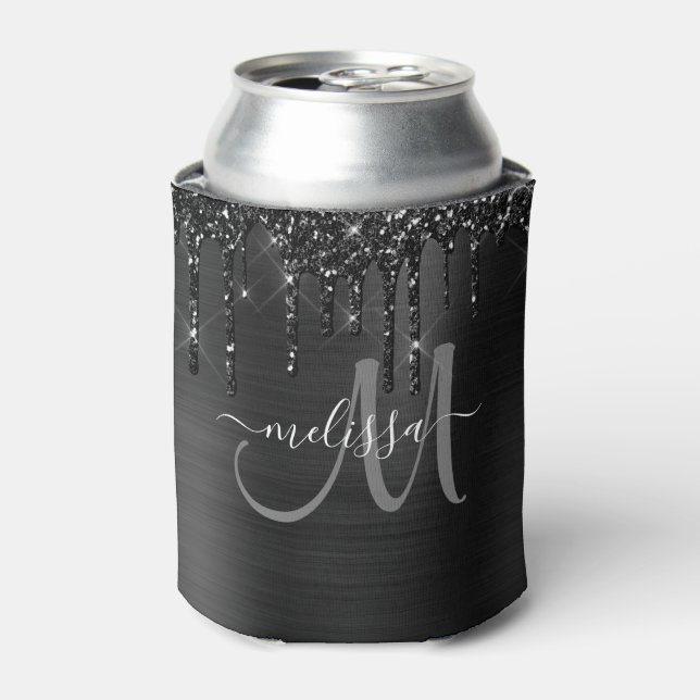 Chic Black Brushed Metal Dripping Glitter Monogram Can Cooler (Can Front)