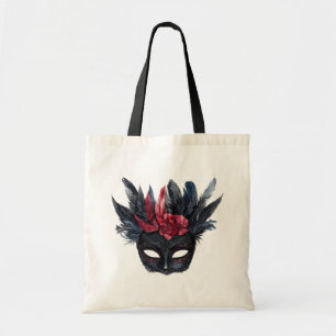Chic Black Burgundy Red Floral Mask Tote Bag