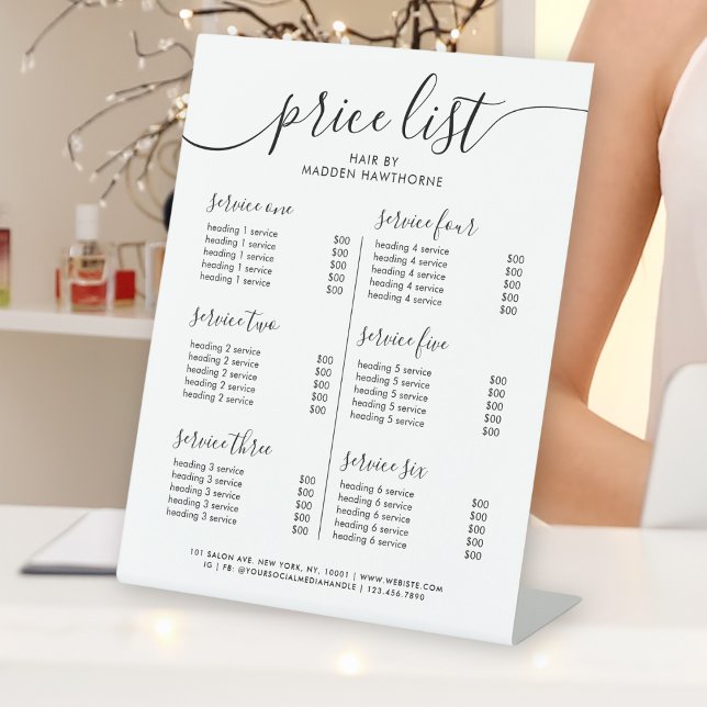 Chic Black Calligraphy Business Service Price List Pedestal Sign (Creator Uploaded)