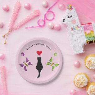 Chic Black Cat & Butterflies Pink Afternoon Tea Paper Plate
