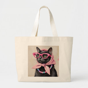 Chic Black Cat in Pink Babushka Scarf Retro Large Tote Bag