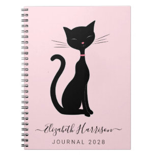 Chic Black Cat Personalised Pink Notebook