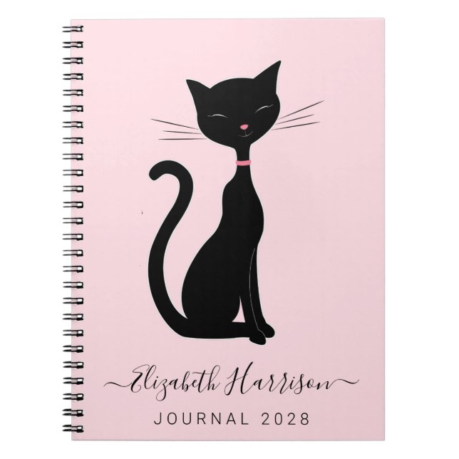 Chic Black Cat Personalised Pink Notebook (Front)