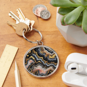 Chic Black Coral Pink White Gold Marble Pattern Key Ring