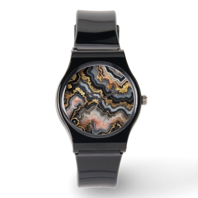 Chic Black Coral Pink White Gold Marble Pattern Watch (Front)