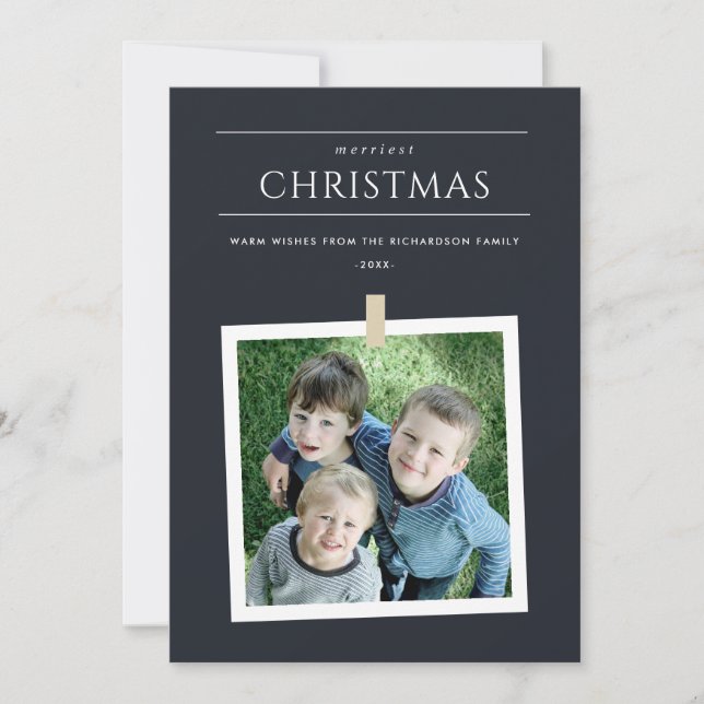CHIC BLACK CUSTOM FAMILY PHOTO MERRIEST CHRISTMAS HOLIDAY CARD (Front)