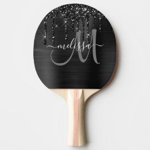 Chic Black Dripping Glitter Brushed Metal Monogram Ping Pong Paddle