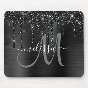 Chic Black Dripping Glitter Metal Monogram Mouse Pad