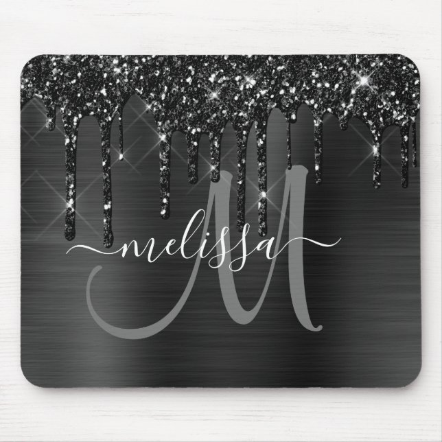 Chic Black Dripping Glitter Metal Monogram Mouse Pad (Front)