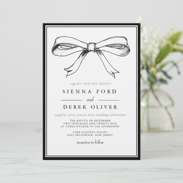 Chic Black Elegant Hand Drawn Bow Wedding Invitation (Standing Front)