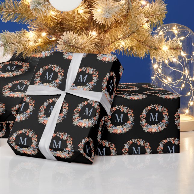 Chic Black Elegant Monogram Wreath Christmas Wrapping Paper (Holidays)