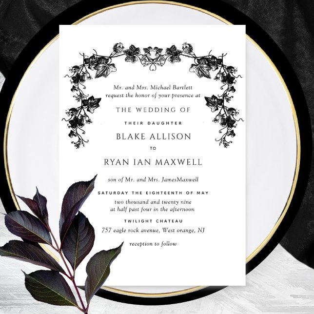 Chic, Black Enchanting Garlands Formal Wedding Invitation (Creator Uploaded)