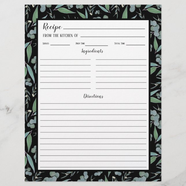 Chic Black Eucalyptus Pattern Recipe Binder Page (Front)