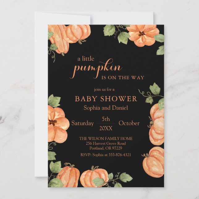 Chic Black Fall Pumpkin Baby Shower Invitation (Front)
