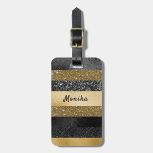 Chic Black & Faux Gold Glitter Personalised  Luggage Tag