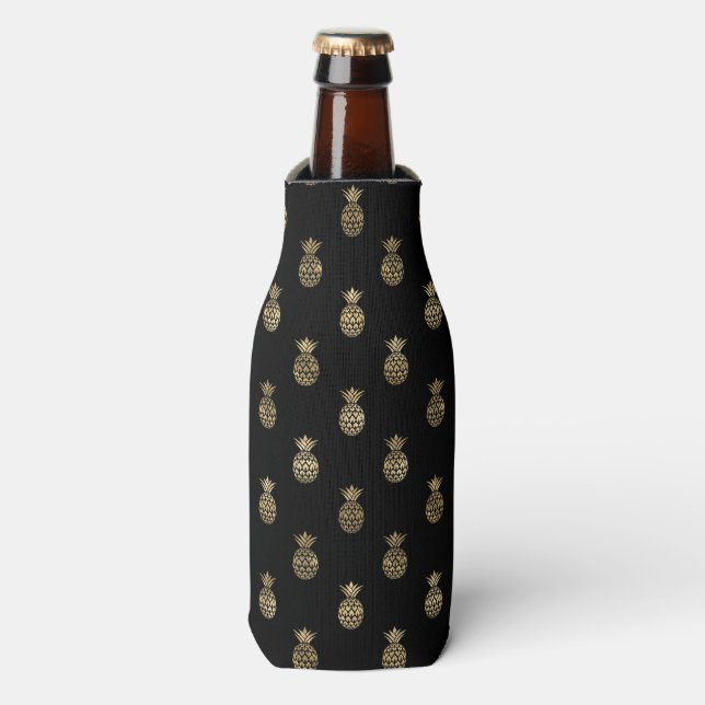 Chic Black Faux Gold Pineapple Pattern Bottle Cooler (Bottle Front)