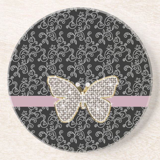 Chic Black Floral Jewel Butterfly Coaster (Front)
