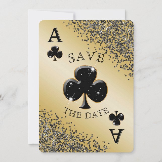 Chic Black Glitter & Ace of Clubs Save the Date Invitation (Back)