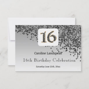 Chic Black Glitter, Sixteen Birthday RSVP Card