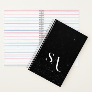 Chic Black Glitter Spiral Notebook with Initials