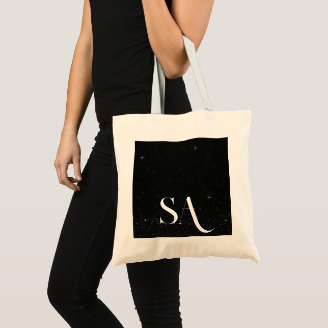 Chic Black Glitter Tote Bag with Initials (Front (Product))