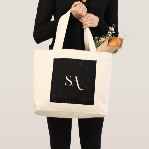 Chic Black Glitter Tote Bag with Initials