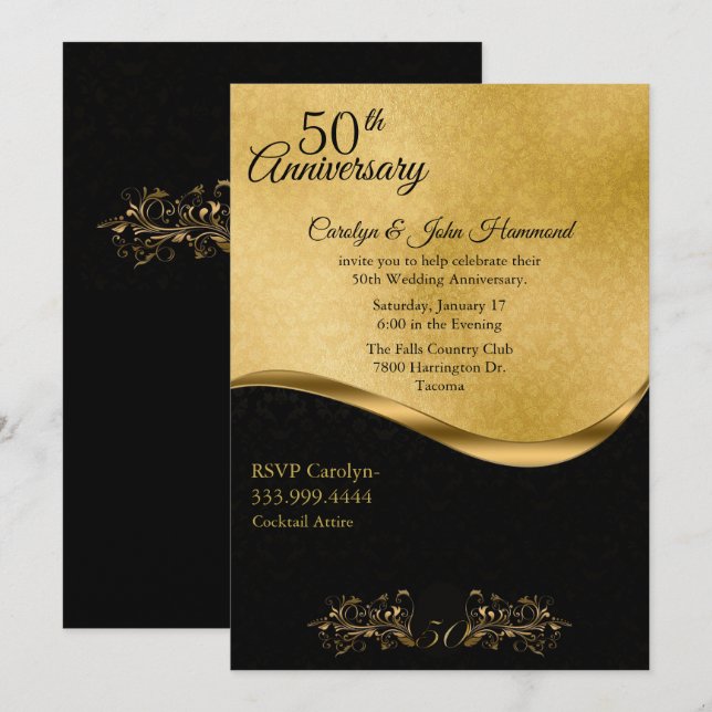 Chic Black & Gold 50th Wedding Anniversary Invitation (Front/Back)