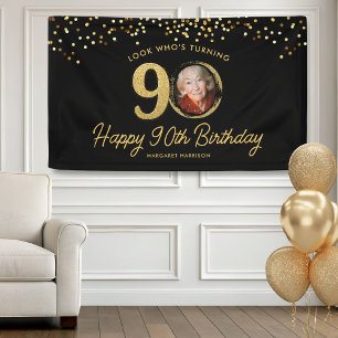 Chic Black Gold 90th Birthday Party Custom Photo Banner