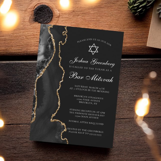 Chic Black Gold Agate Bar Mitzvah Party Invitation (Creator Uploaded)