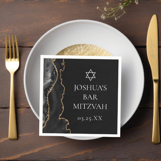 Chic Black Gold Agate Bar Mitzvah Party Napkin (Creator Uploaded)