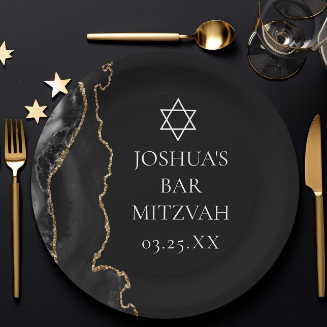 Chic Black Gold Agate Bar Mitzvah Party Paper Plate (Creator Uploaded)