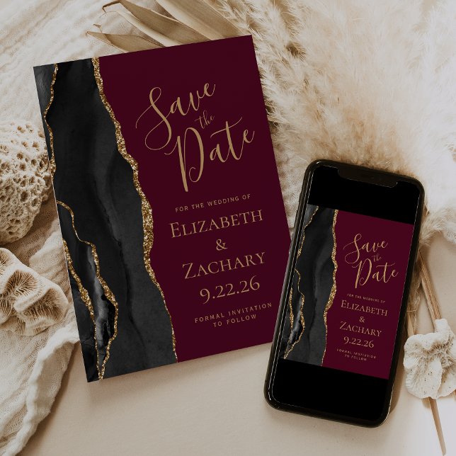 Chic Black Gold Agate Burgundy Save the Date Card (Creator Uploaded)