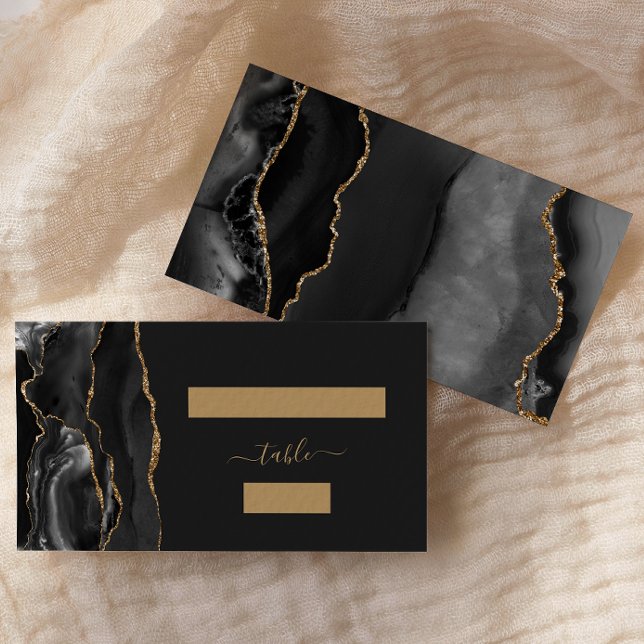 Chic Black Gold Agate Dark Wedding Escort Place Card (Creator Uploaded)
