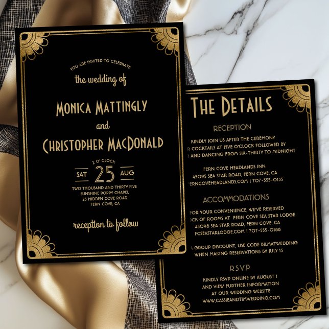 Chic Black Gold Art Deco Floral All-in-One Wedding Invitation (Classy black and gold all-in-one art deco wedding invitation with details on back)