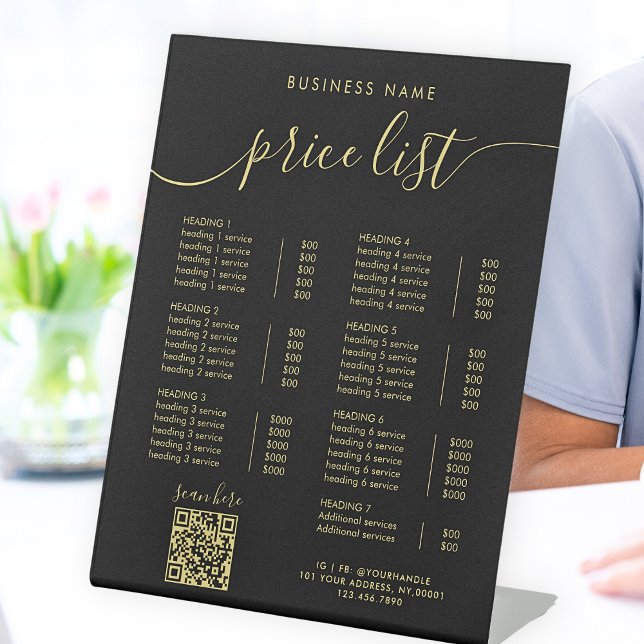 Chic Black Gold Calligraphy QR Code Price List Pedestal Sign (Creator Uploaded)