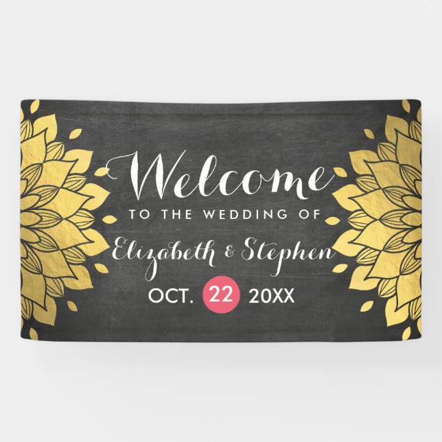 Chic Black & Gold Chalkboard Floral Wedding Banner (Horizontal)