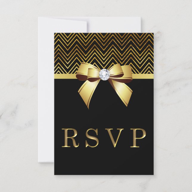 Chic Black Gold Chevrons Diamond Bow RSVP (Front)