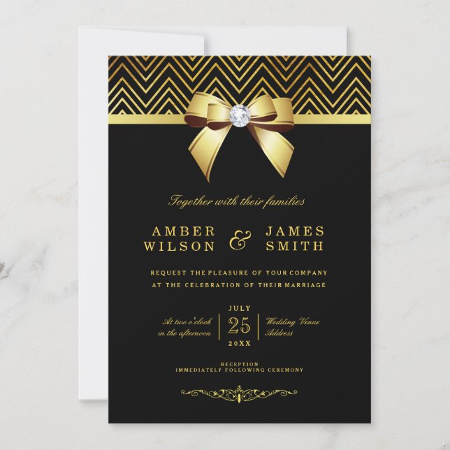 Chic Black Gold Chevrons Diamond Bow Wedding Invitation (Front)