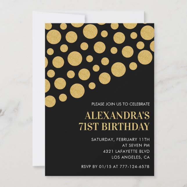Chic Black Gold Confetti 71st birthday Invitation (Front)