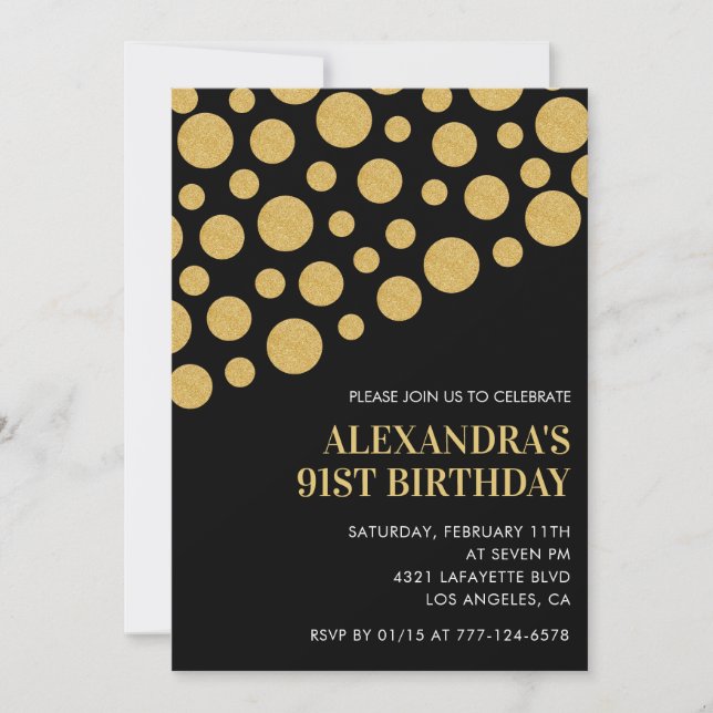 Chic Black Gold Confetti 91st birthday Invitation (Front)