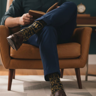 Chic Black & Gold Damask Floral Pattern Monogram Socks