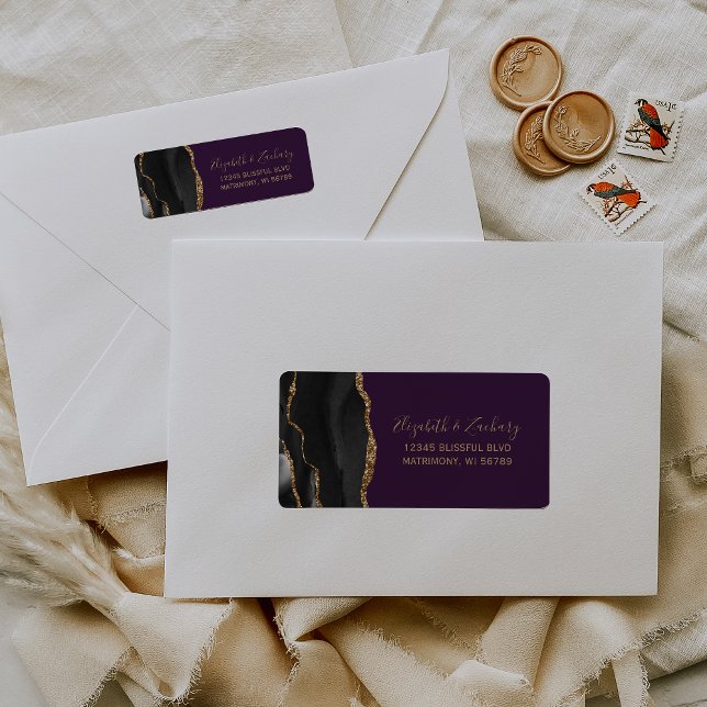Chic Black Gold Deep Purple Wedding Return Address (Creator Uploaded)