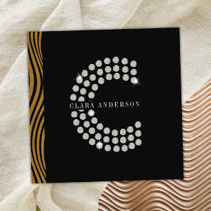 Chic Black Gold Diamond Initial C Monogram QR Code Square Business Card